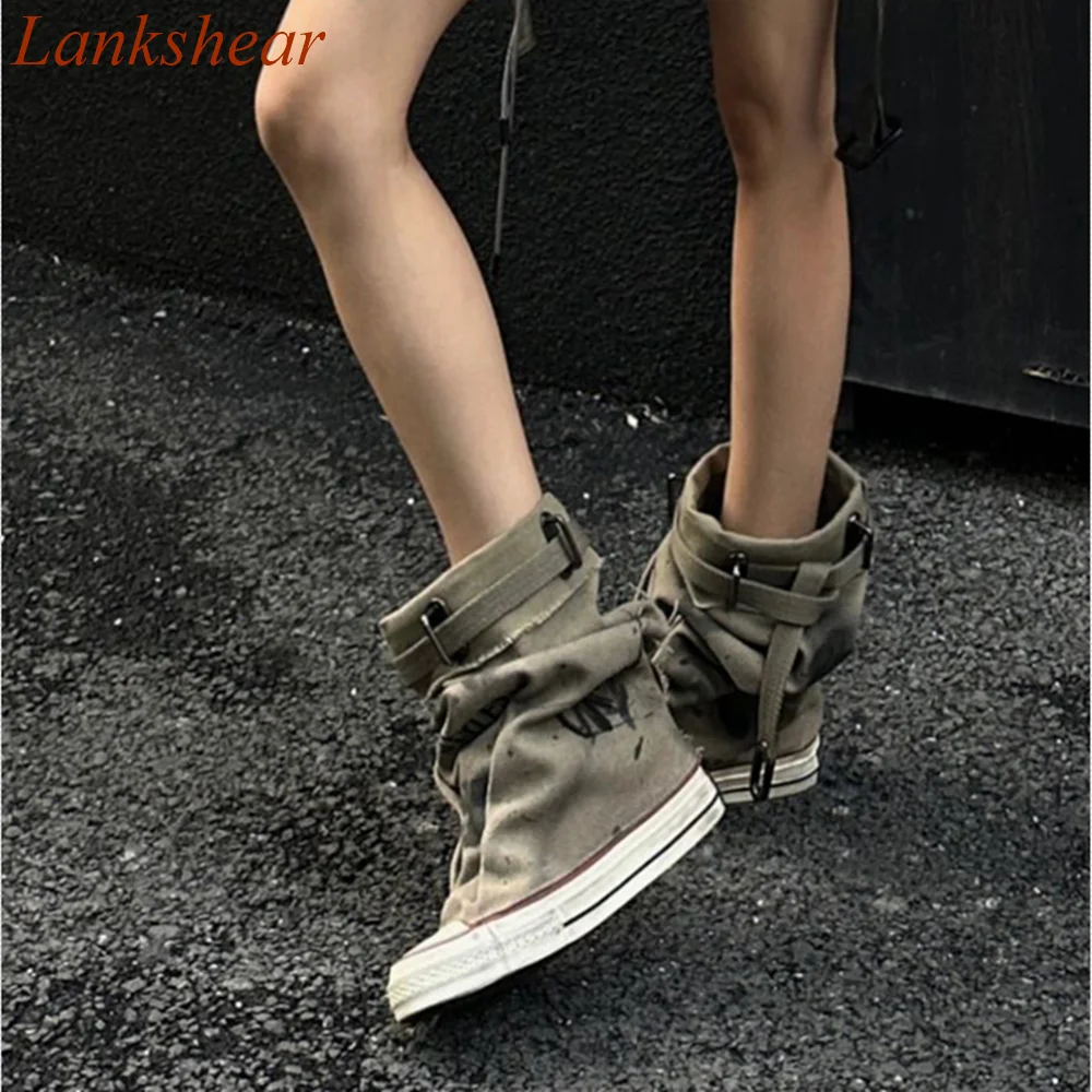 

Round Toe Niche Design Women Boots Belt BuckleThick Sole Canvas Modern Party Fashion Sexy Mid Calf Women Shoes 2024 New Arrivals