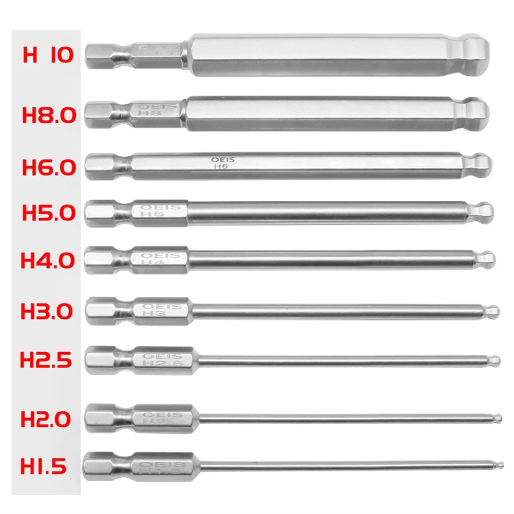 

Ball End Electric Screwdriver Bit 100mm Hex Shank Wrench Drill Bits Alloy Steel Hex Screwdriver Driver H1.5 2 2.5 3 4 5 6 8 H10