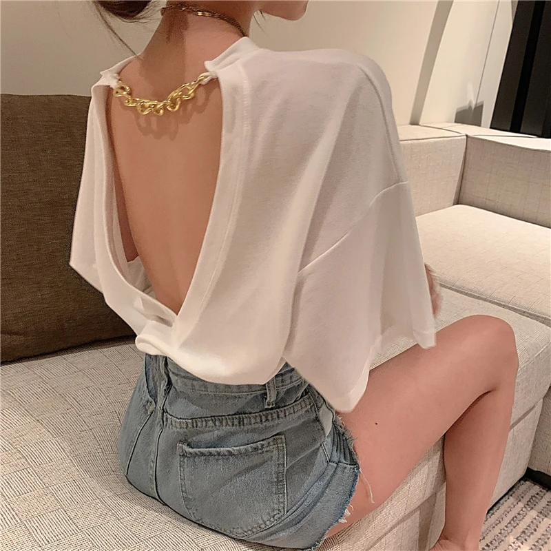 2021 Korean Fashion Summer New Sexy Backless Loose Short Sleeve Chain Tops Tshirt Hollow Out Open Back Casual Elegant Women Tops
2021 Korean Fashion Summer New Sexy Backless Loose Short Sleeve Chain Tops Tshirt Hollow Out Open Back Casual Elegant Women Tops