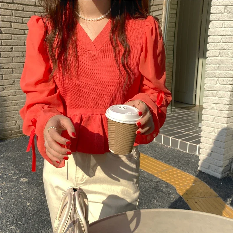 Women's White Long Sleeve Pullover Sweater Patch Chiffon Sleeve Bow Knit Elegant Autumn Tops Female Sweater Lady Leisure Jumper
Women's White Long Sleeve Pullover Sweater Patch Chiffon Sleeve Bow Knit Elegant Autumn Tops Female Sweater Lady Leisure Jumper