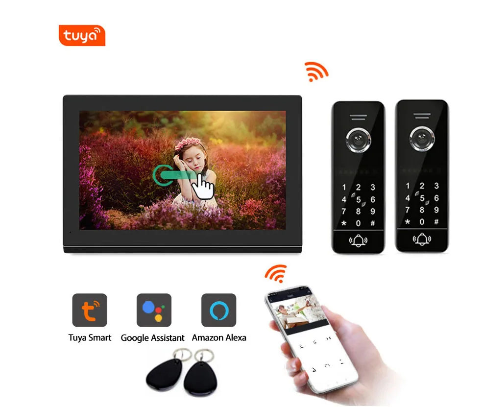 

Video Intercom for Home Password&ID Card WIFI Video Door Phone Keyless Rfid Entry System with Remote Unlock Way by Tuya APP 2to1
