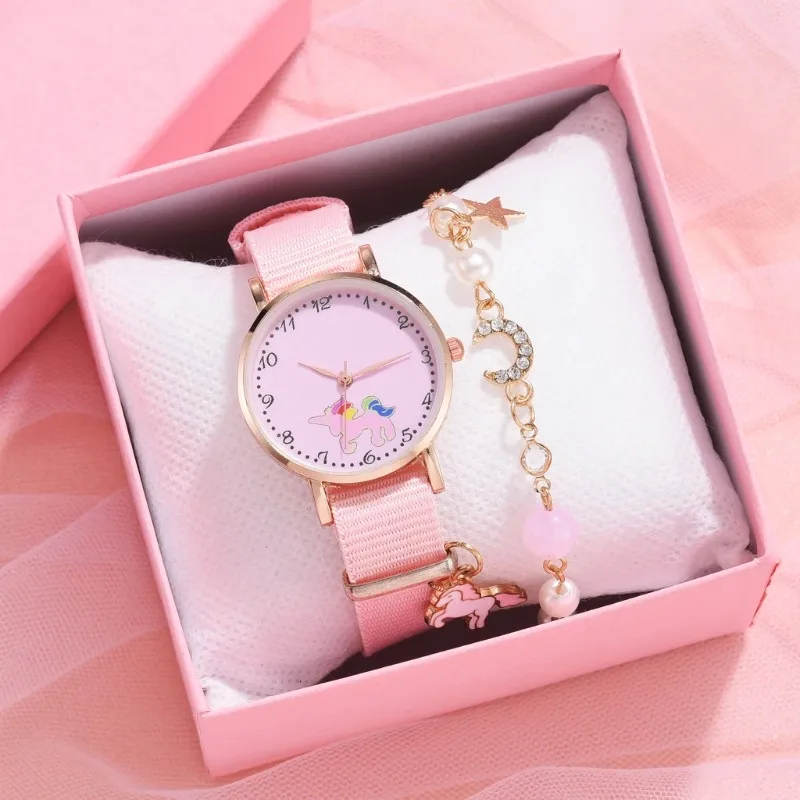 

1PC 6 Styles Girl Women Watch Cartoon Unicorn Cloud Cheery Pink Ladies Bracelet Watch Set Cute Student Quartz Watch Reloj Mujer