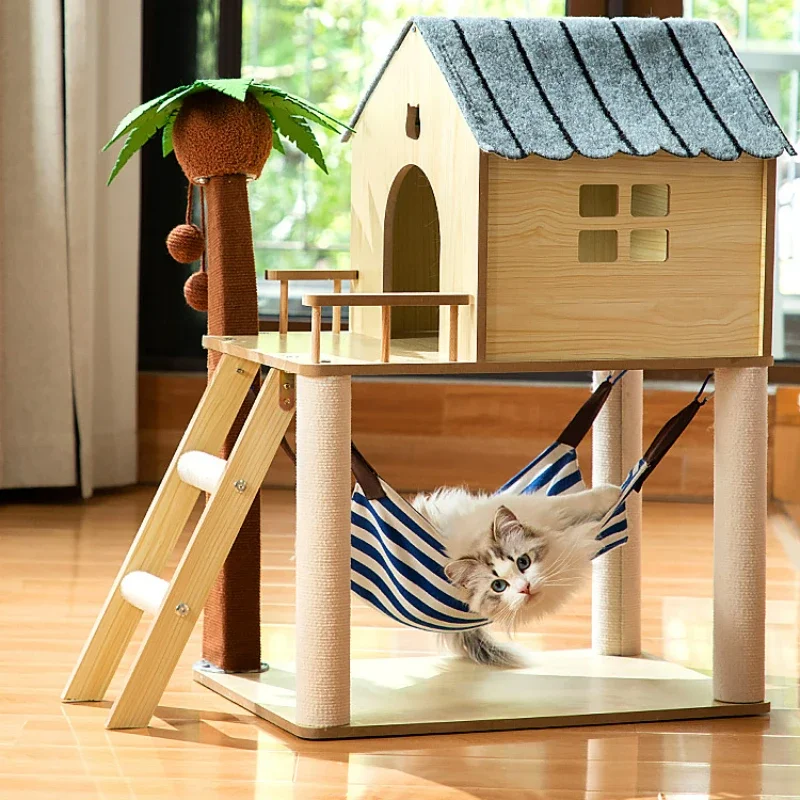 

Coconut Island House Cat Climbing Frame, Dog Nest Cat Tree Integrated Sisal Cats Cardboard , Solid Wood Toys Cat Scratching Post