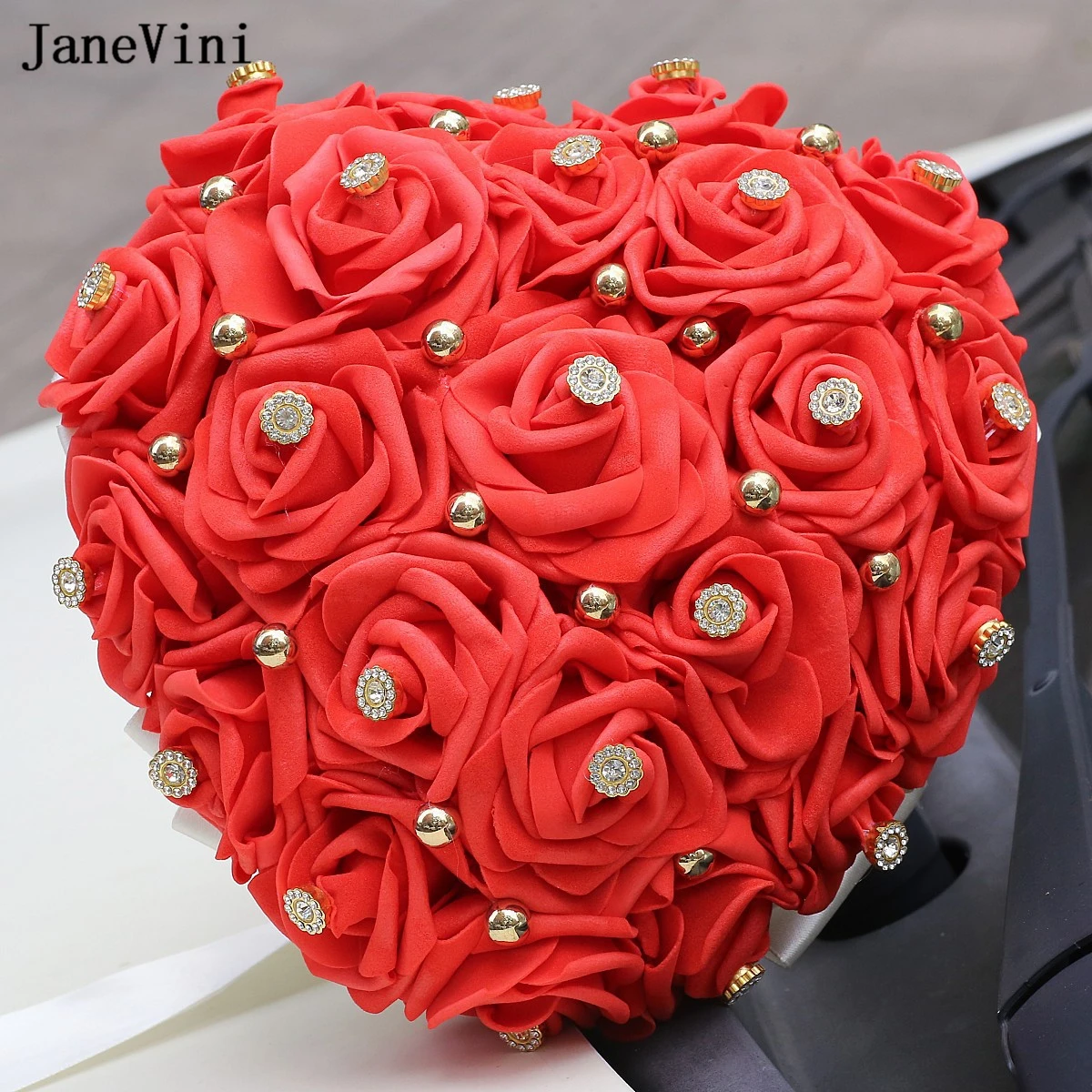 

JaneVini New Hot Sale Red PE Flowers Heart-shaped Bridal Bouquets Beaded Artificial Foam Roses Wedding Bouquet Party Accessories