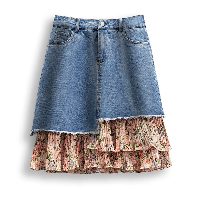 

Chiffon panelled denim skirt, floral skirt, women's new summer thin high-waisted midi length denim skirt