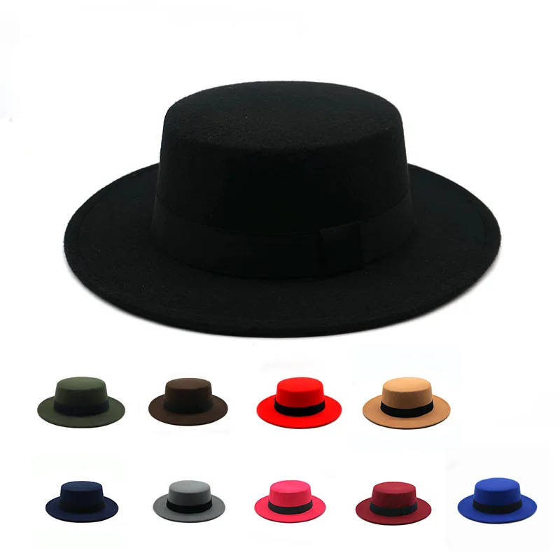 Retro Black Ribbon Flat Top Felt Jazz Hat Women Men Gentleman Hat Big Brim Woolen Warm Headwear Fashion Party Wedding Bucket Cap
Retro Black Ribbon Flat Top Felt Jazz Hat Women Men Gentleman Hat Big Brim Woolen Warm Headwear Fashion Party Wedding Bucket Cap