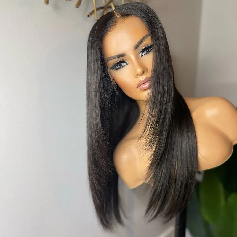 

Soft 26 Inch 180% Density Preplucked Glueless Long layered hair Silky Straight 13*4 Lace Front Wig With Baby Hair Fiber Black