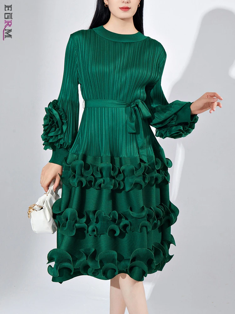 

EGRM Belt Pleated Miyake Dress Fashion Round Neck Floral Sleeves Fungus Spliced Solid Elegant Dresses for Women 2023 New 5GR2974