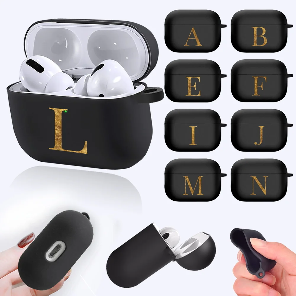 

Gold Initial Alphabet Letter Case For Apple AirPods 3 Black Silicone Wireless Bluetooth Earphone Box Matte Cover for Air Pods 3