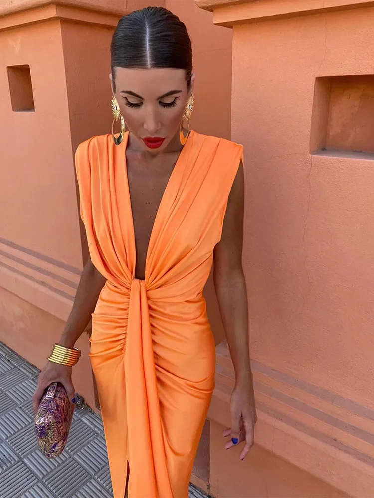 Women Sexy Skinny Ruffles Waist Up Slit Midi Dress Chic Deep V Neck Sleeveless Bodycon Vestidos Lady New Party Elegant Robe 2024
Women Sexy Skinny Ruffles Waist Up Slit Midi Dress Chic Deep V Neck Sleeveless Bodycon Vestidos Lady New Party Elegant Robe 2024