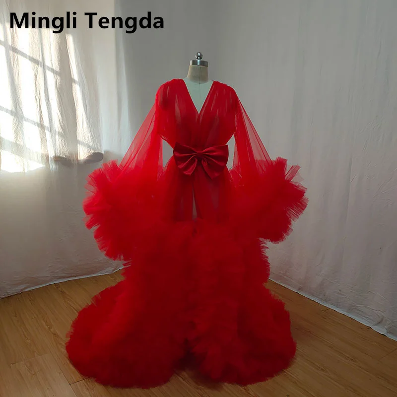 

Mingli Tengda See Through Tulle Ruffles Black Long Kimono Tiered Ruched A-line Prom Gowns Puffy Sleeves Cape Cloak robe de soir