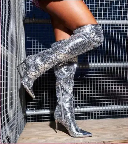 

Sexy Women Bling Sliver Black Sequined Patchwork Pointed Toe Hidden Zipper Thin Heels Over The Knee Boots Run Way Long Botas