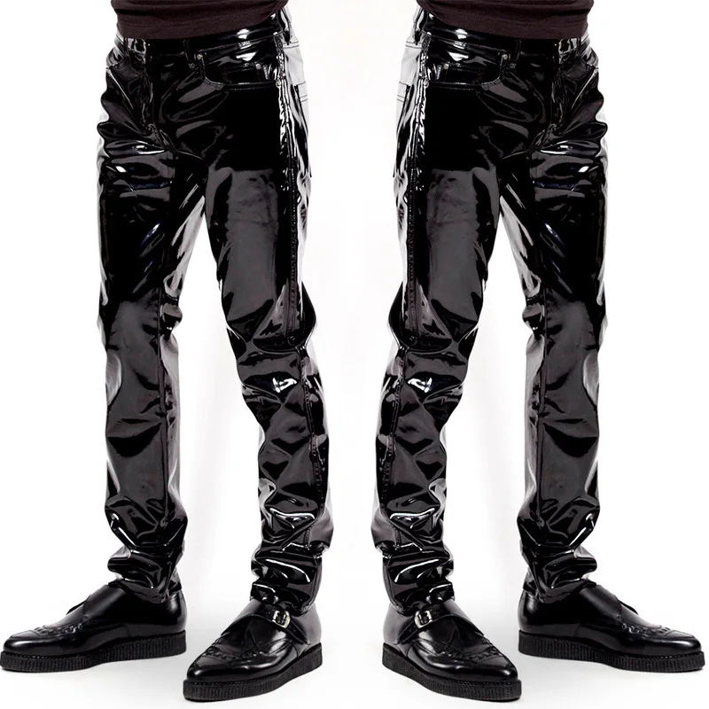 

New Mens Elastic Faux Leather PVC Pants Motorcycle Ridding Black Slim Fit Dance Party Trousers Biker Leather Pants For Male