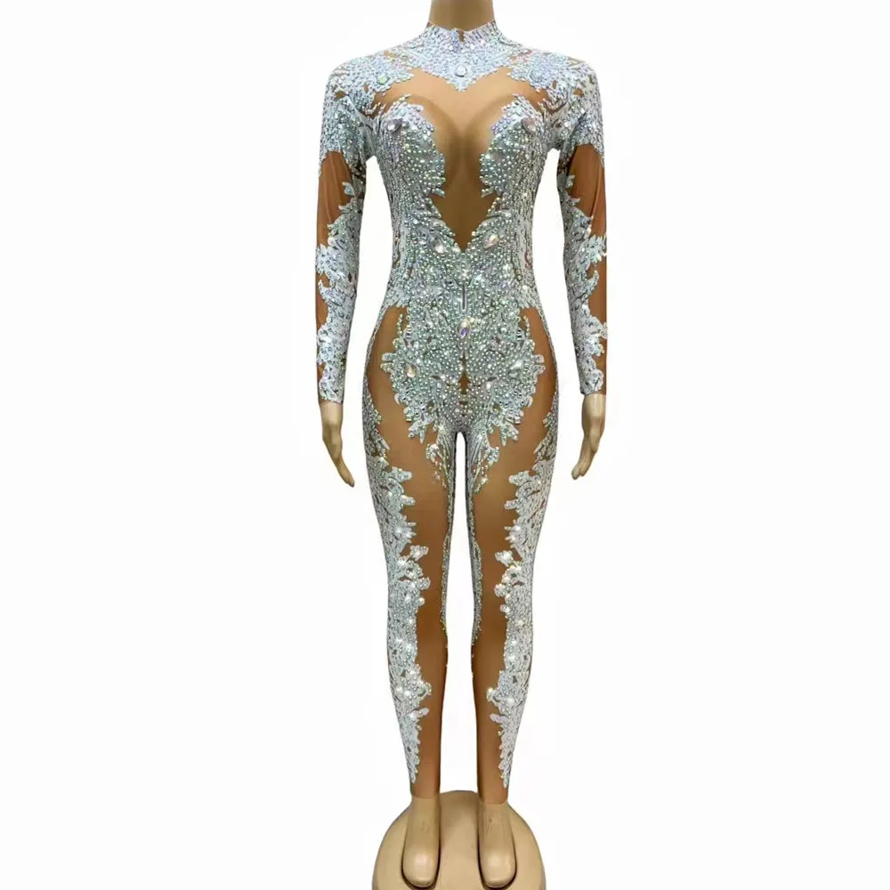 

Women Rhinestones Printing Jumpsuit Birthday Party Nightclub Show Outfit Singer Sexy Stage Performance Costume Crystal Leotards