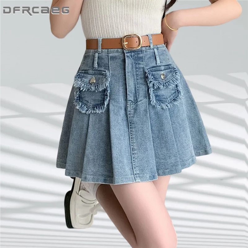 

Vintage Blue Summer Mini Denim Pleated Skirts With Belt 2023 High Waist Casual Washed Faldas Japanese Burrs Jean Short Saias