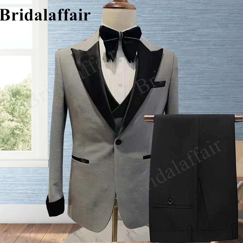 

Bridalaffair Men's Grey Suit Groom Elegant Wedding Dress Tuxedos for Men 3 piece Blazer Jacket+Pant+Vest Costume Homme Slim Fit