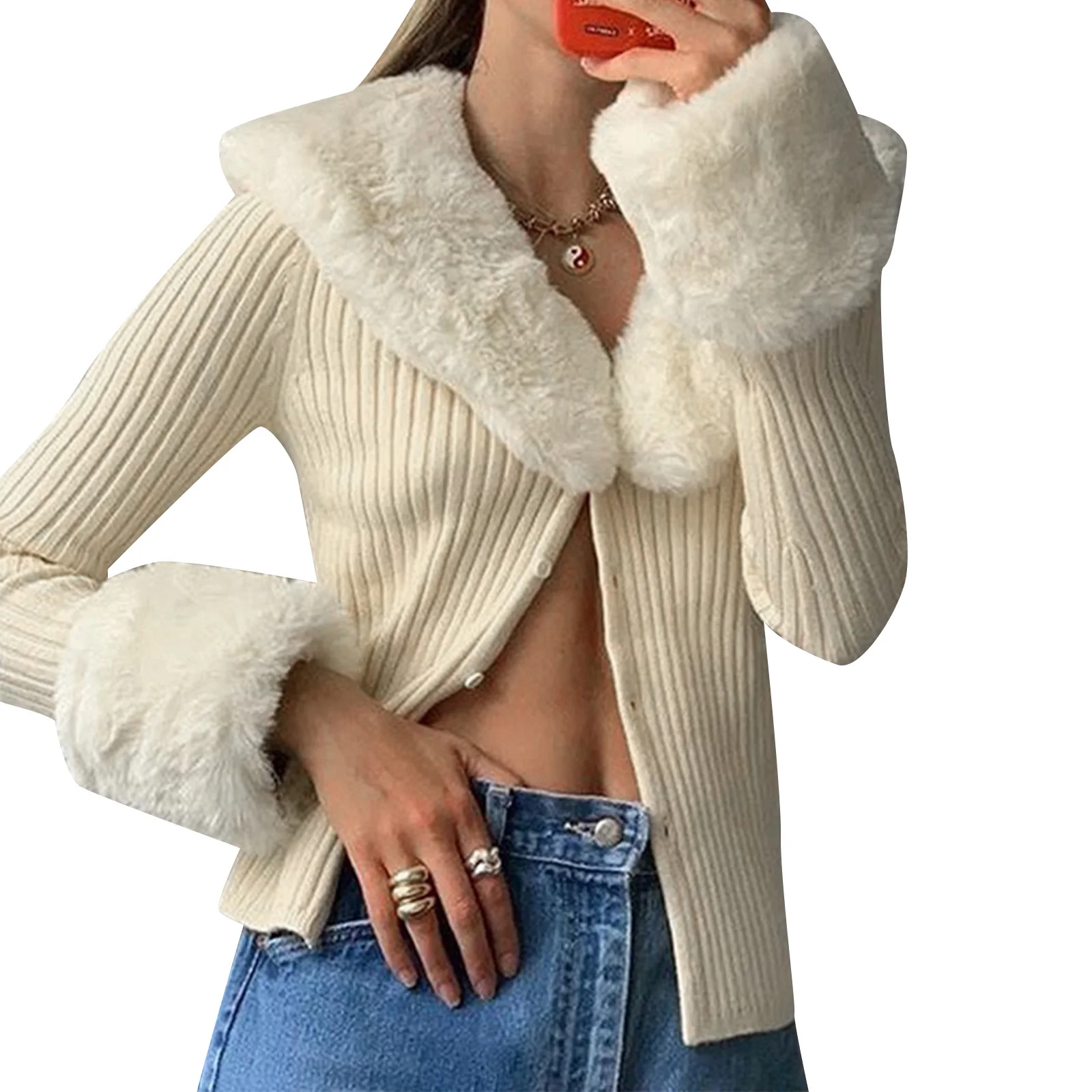 

Women Fluffy Long Sleeve V-Neck Cropped Knit Cardigan Sweaters Pullover Tops with Faux Fur Trim Collar Cuffs