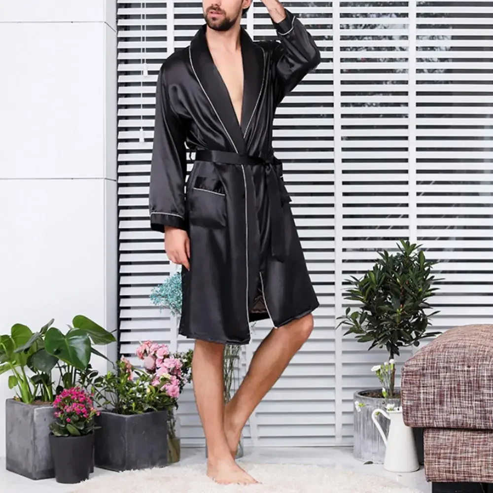 

Men Gown For Sleep Rob Silky Silk Bath Sleepwear Nightwear Robe Men Black Bathrobe Lounge Noble Bathrobes Comfort Dressing Men's