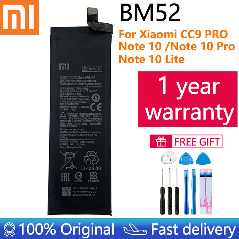 

100% Original BM52 5260mAh Phone Battery For Xiaomi Mi Note 10 Lite / Note 10 Pro / CC9pro CC9 Pro Replacement Batteries Bateria