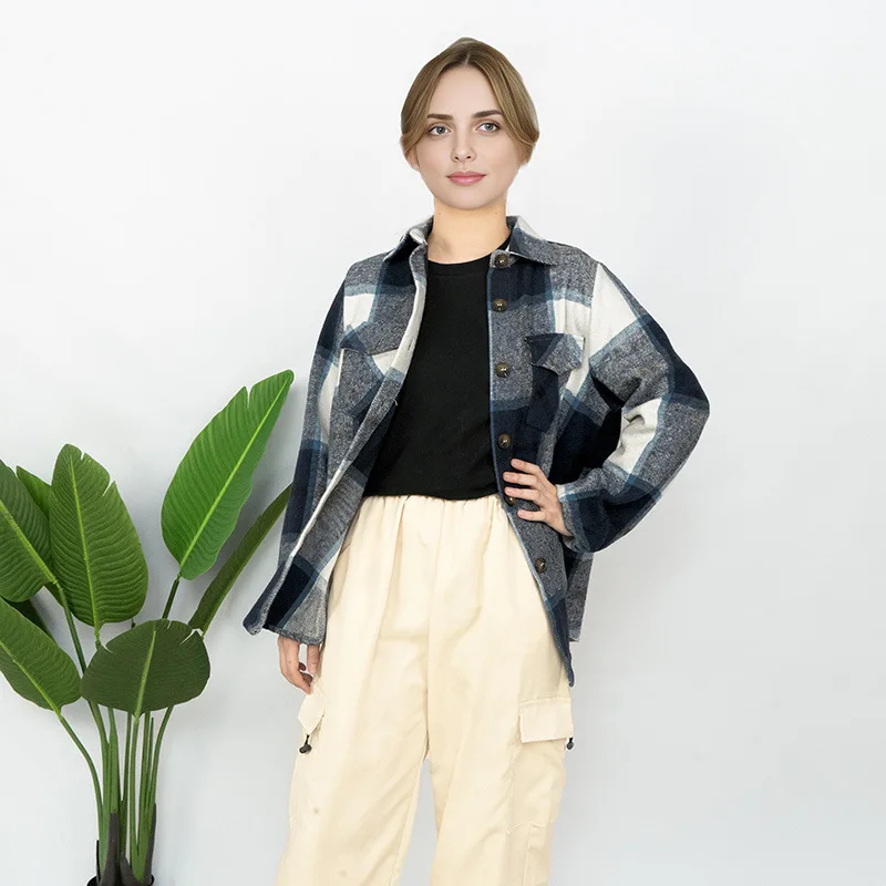 Long ins style long sleeved lapel loose plaid women's shirt jacket women's wool
Long ins style long sleeved lapel loose plaid women's shirt jacket women's wool