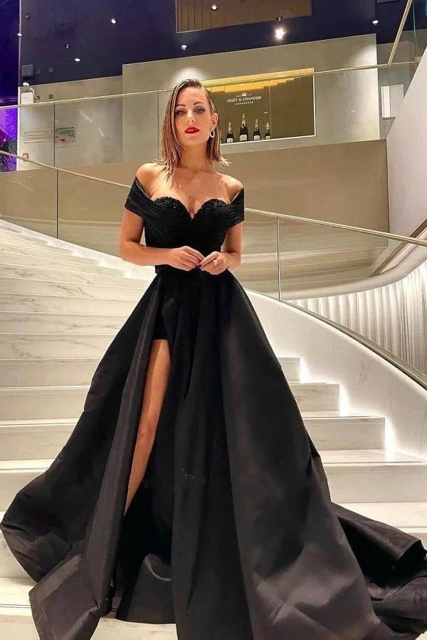 Black Evening Dresses Elegant with Slit Corset Back Off Shoulder Beaded Satin Long A Line Court Train Formal Party Prom Gowns
Black Evening Dresses Elegant with Slit Corset Back Off Shoulder Beaded Satin Long A Line Court Train Formal Party Prom Gowns