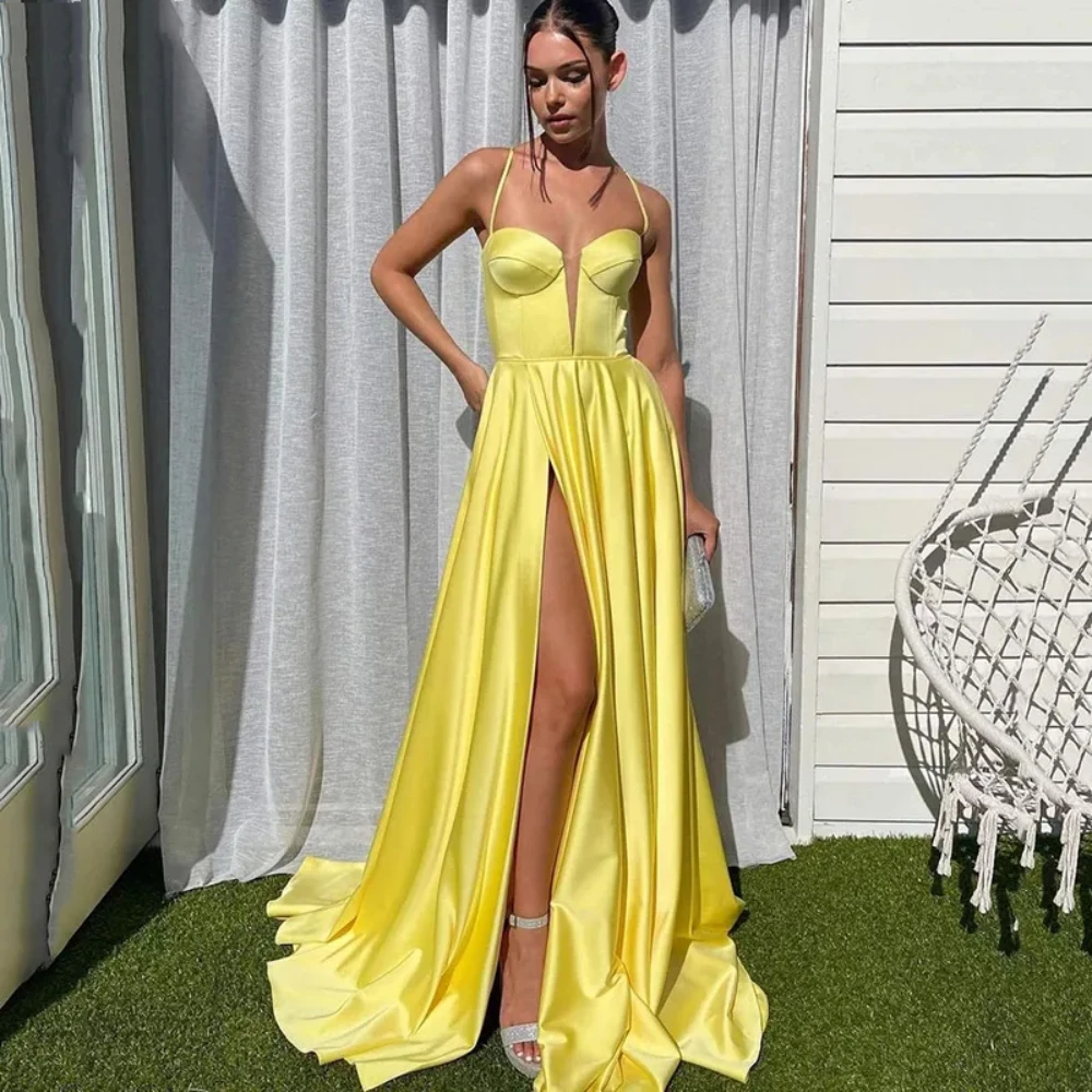 Elegant Evening Dress Yellow V-Neck A-Line Spaghetti Strap Prom Party Gown Side Split Ladies Special Occasion Dresses New D10177
Elegant Evening Dress Yellow V-Neck A-Line Spaghetti Strap Prom Party Gown Side Split Ladies Special Occasion Dresses New D10177