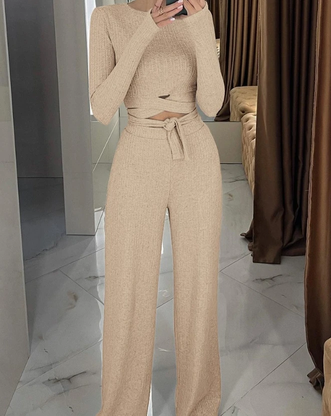 

Two Piece Set Women Outfit 2023 Autumn Long Sleeve O-Neck Casual Tied Detail Ribbed Top & Fashion High Waist Pants Set