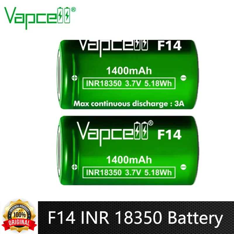 Оригинальный литий-ионный аккумулятор Vapcell F14 INR 18350 высокой емкости, 1400 мАч, 3 А, 3,7 в, аккумулятор для фонариков, игрушек, БПЛА
Оригинальный литий-ионный аккумулятор Vapcell F14 INR 18350 высокой емкости, 1400 мАч, 3 А, 3,7 в, аккумулятор для фонариков, игрушек, БПЛА