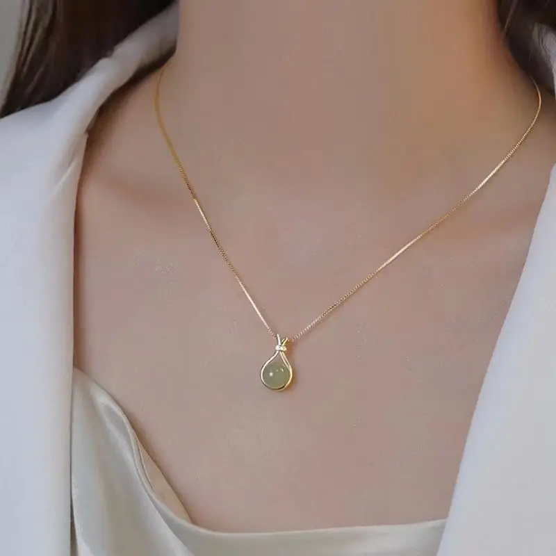 

New Trendy Fashion Silver Gold Color Hetian Jade Droplet Elegant Pendant Necklace for Women Girl Jewelry Dropship Wholesale