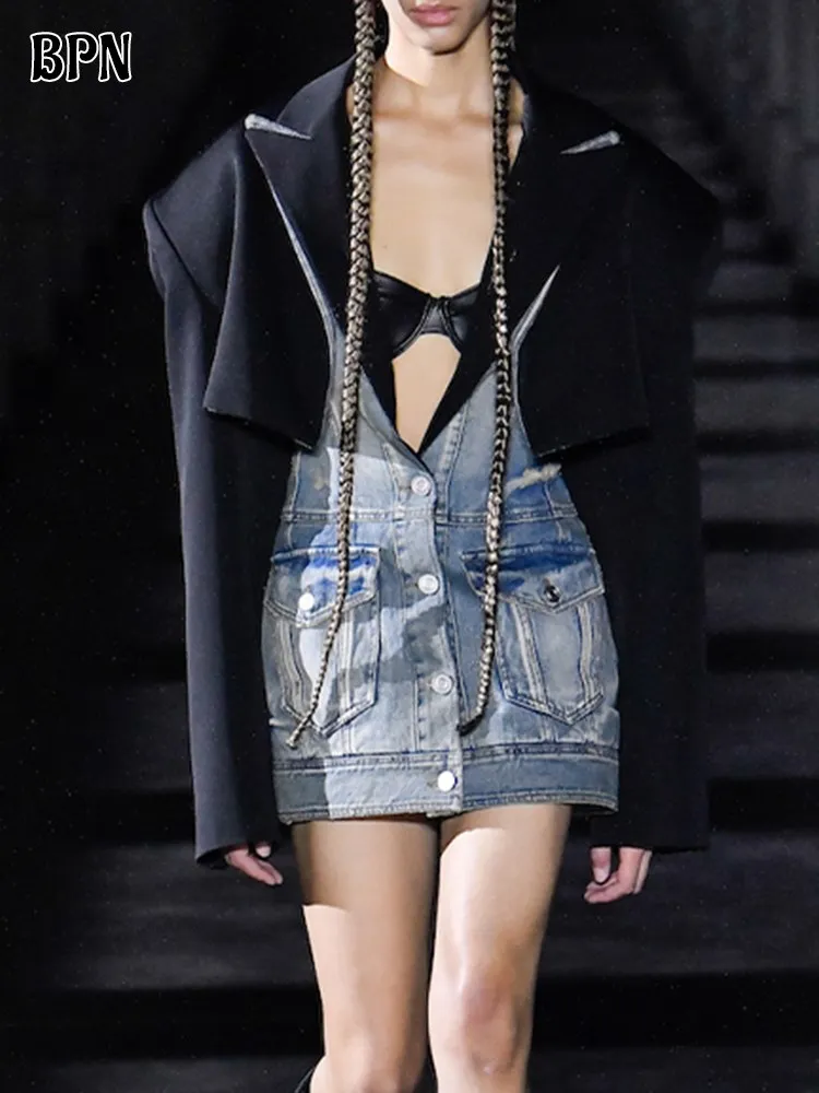 BPN Vintage Two Piece Sets For Women Lapel Long Sleeve Soild Jackets High Waist Slim Denim Mini Dress Casual Set Female Fashion
BPN Vintage Two Piece Sets For Women Lapel Long Sleeve Soild Jackets High Waist Slim Denim Mini Dress Casual Set Female Fashion