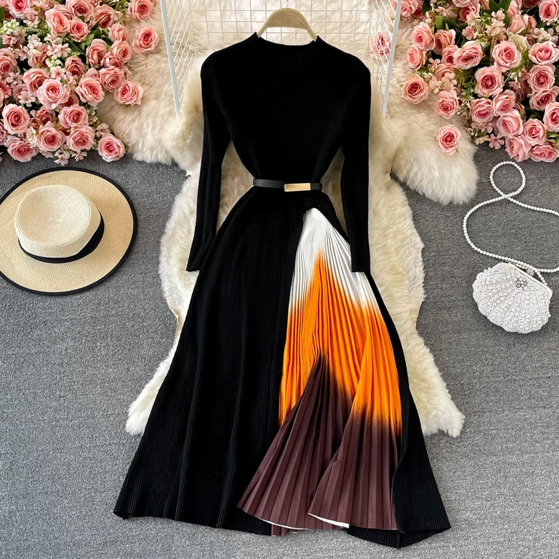 Autumn Winter Retro Print Pleated Dress Women Elegant Knitted Gradient Patchwork Long Sleeve OL Midi Dress With Belt
Autumn Winter Retro Print Pleated Dress Women Elegant Knitted Gradient Patchwork Long Sleeve OL Midi Dress With Belt