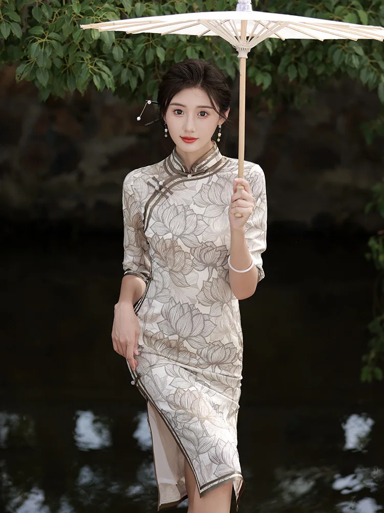 

FZSLCYIYI Elegant Seven Points Sleeve Lotus Printed Satin Qipao Women Retro Chinese Young Girl Knee-Length Cheongsam Dress