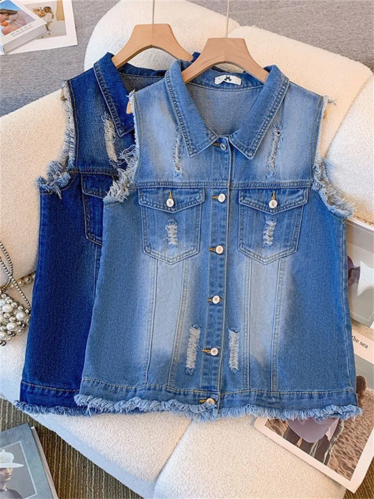 

Oversize XXL-6XL Women's Hole Tassels Denim Vest Coat Frayed Sleeveless Jacket Spring Autumn Female Jean Waistcoat Top Outerwear