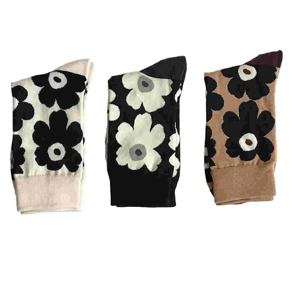 

3 Pairs Stockings Vintage Flower Socks Miss Slipper Grippers Women Warm Cotton Girls Mid-calf Length