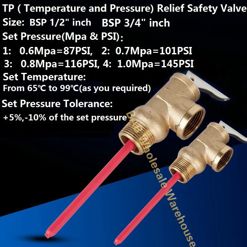 

BSP1/2"3/4"inch DN15 20 TP relief safety valve 87/101/116/145PSI TP valve 0.6/0.7/0.8/1Mpa Temperature and pressure safety Valve