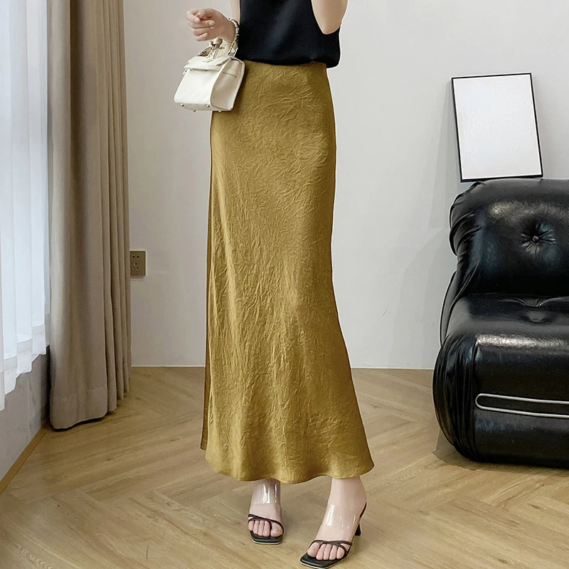 

2023 Spring Summer Women High Waisted Golden Imitation Silk Long Trumpet Skirt , Woman Elegant Casual Slim Mermaid Skirts