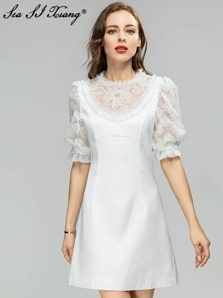 Seasixiang Fashion Designer Spring Summer Women Dress O-Neck Mesh Puff Sleeve Sequins Beading Ruffle Elegant Party Mini Dresses
Seasixiang Fashion Designer Spring Summer Women Dress O-Neck Mesh Puff Sleeve Sequins Beading Ruffle Elegant Party Mini Dresses