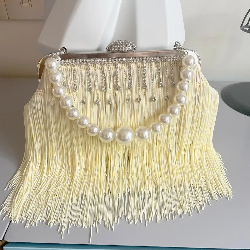 

Fashion Women's Tassels Evening Bag Pearl Chain Handbag High Quality Shiny Diamond Clutch Bag Wedding Party Sac A Main 2023 New