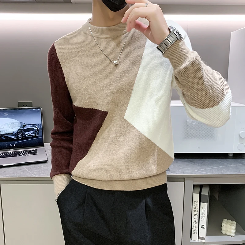 Geometric Contrast Color Sweater for Men Round Collar Long Sleeved Slim Fit Mens Pullovers Sweaters Fashion Sueteres Para Hombre
Geometric Contrast Color Sweater for Men Round Collar Long Sleeved Slim Fit Mens Pullovers Sweaters Fashion Sueteres Para Hombre