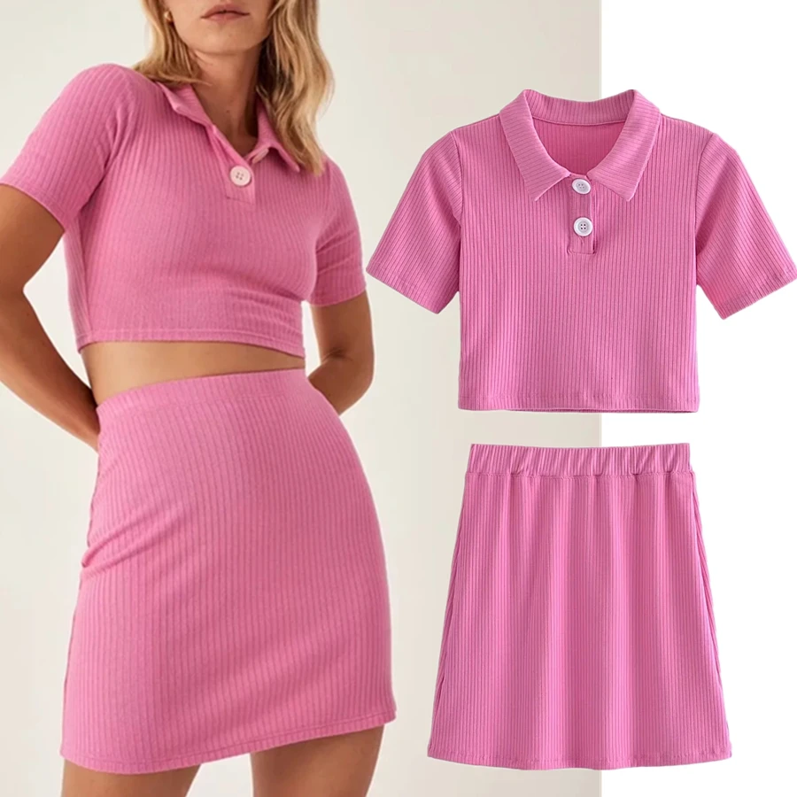 Withered 2023 Ins Fashion Blogger High Street Pure Pink Simple Polo Collar Knitted Rib T Shirt Women Sexy A-line Mini Skirt Sets
Withered 2023 Ins Fashion Blogger High Street Pure Pink Simple Polo Collar Knitted Rib T Shirt Women Sexy A-line Mini Skirt Sets