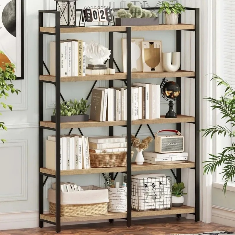 

FATORRI Bookshelf, Industrial 5 Tier, Rustic Wood Etagere Bookcase, Metal Tall Book Shelf (Rustic Oak, 51 Inch Wide)