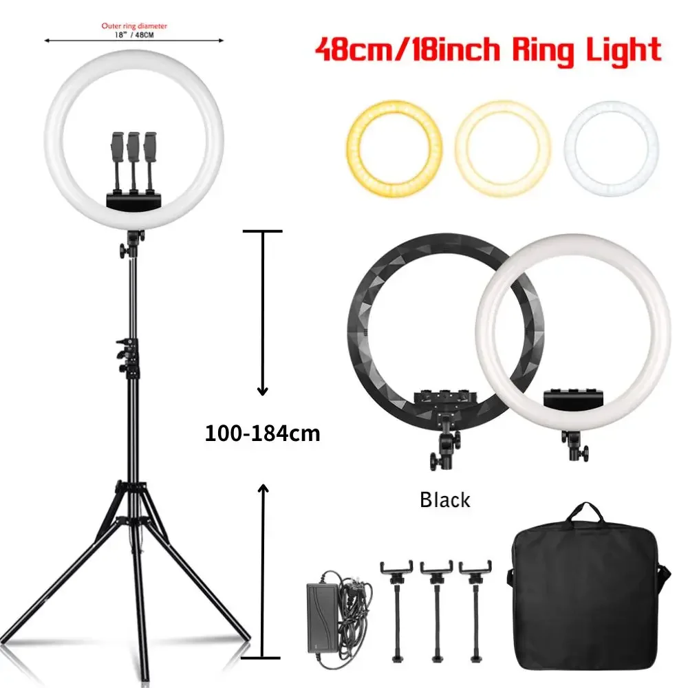 

18 inch Flat Ring Light LED Selfie Video Lamp With Tripod Stand Phone Clip For YouTube Live Lighting Photo Photography Studio