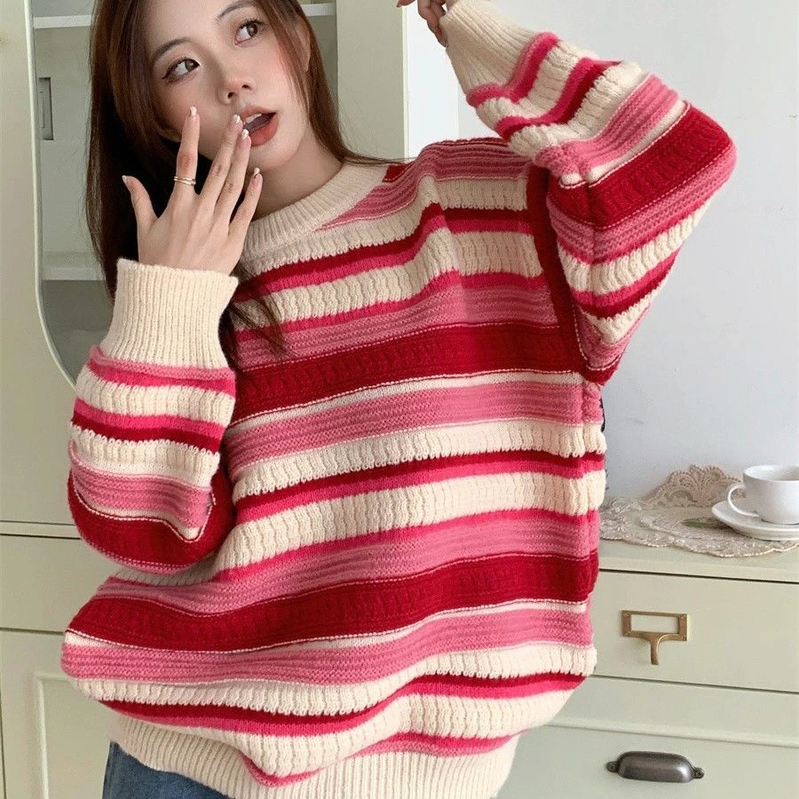 

Плотный теплый Полосатый пуловер, свитер 2023, женский модный вязаный свитер в стиле пэчворк, осенне-зимний Свободный Повседневный свитер с низом