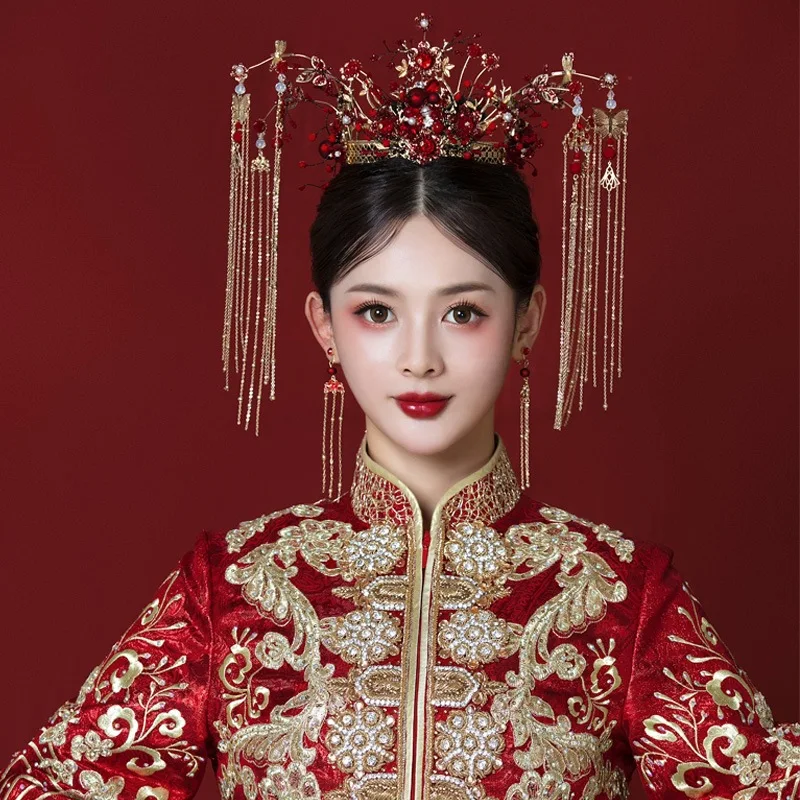 

Женский свадебный головной убор Феникс, красный головной убор в китайском стиле для невесты, винтажный свадебный головной убор для невесты