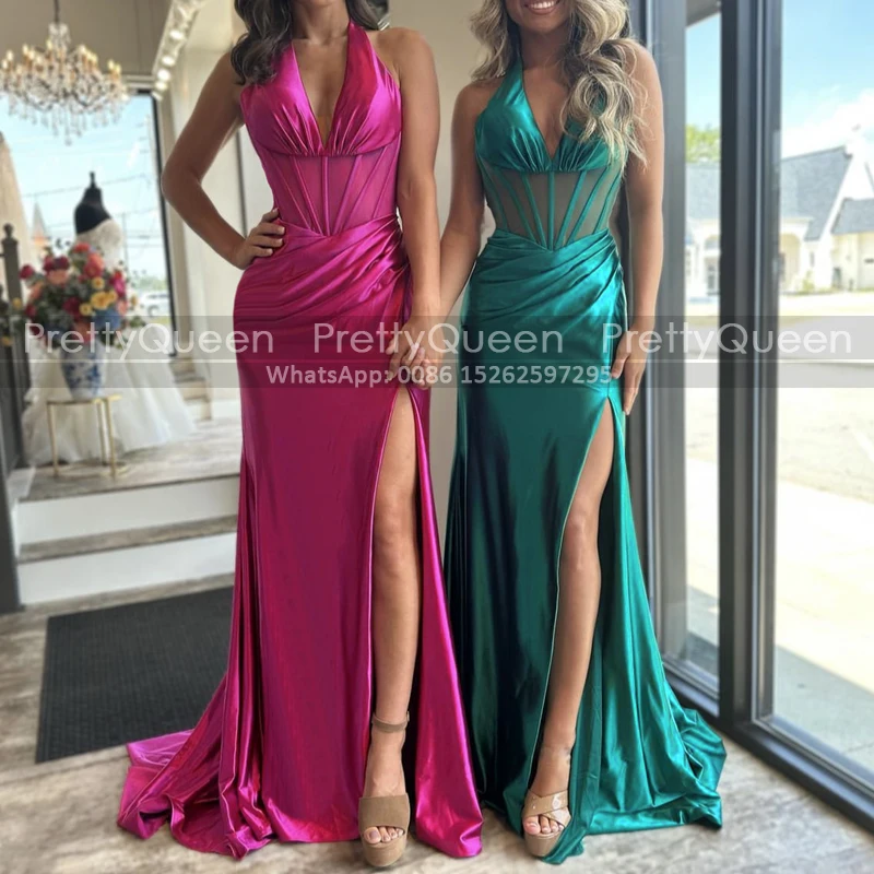 Sexy High Split Mermaid Prom Dresses Deep V Neck Long Pleat Sheath Sleeveless Formal Evening Dress Party Gown
Sexy High Split Mermaid Prom Dresses Deep V Neck Long Pleat Sheath Sleeveless Formal Evening Dress Party Gown
