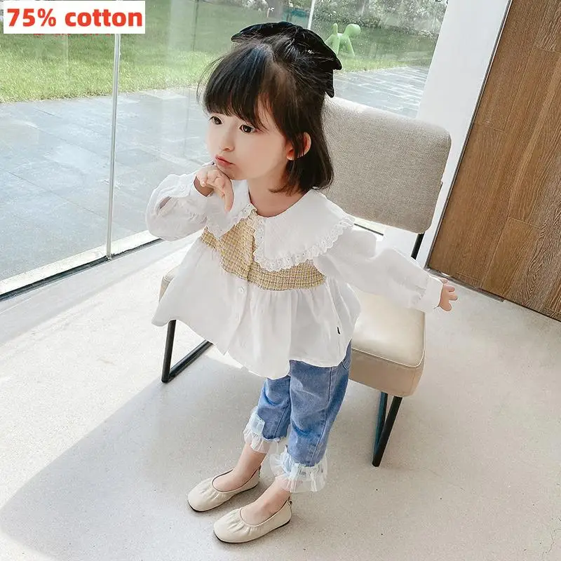 

Детская одежда, индивидуализированная Корейская рубашка с отложным воротником и длинным рукавом и джинсы в стиле пэчворк для маленьких девочек, комплекты одежды на весну и осень