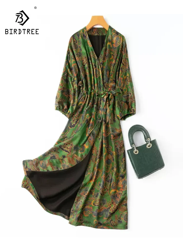 

BirdTree 45MM 100%Real Silk XiangYunSha Dress, Women V-Neck Lace-up, Versatile Vintage Commute Dresses, 2024 Summer New D42613QC