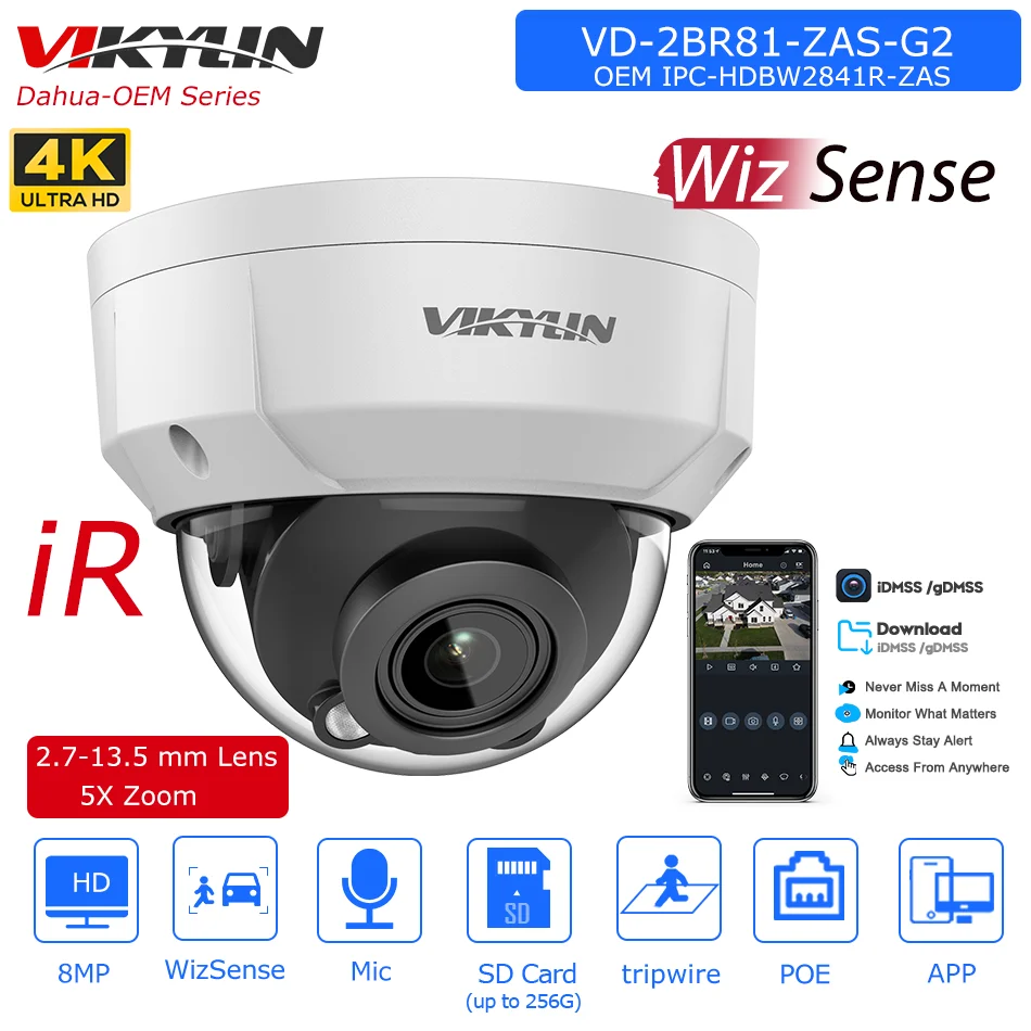 

Vikylin Dahua 8MP WizSense Dome IP Camera OEM IPC-HDBW2841R-ZAS 5X Zoom Built-in MIC SD Card Slot Video Surveillance IP Camera