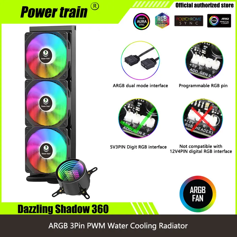 Power Train Dazzling Shadow 360 CPU Water Cooling Radiator ARGB Computer Desktop All-in-one Water Cooling Radiator
Power Train Dazzling Shadow 360 CPU Water Cooling Radiator ARGB Computer Desktop All-in-one Water Cooling Radiator