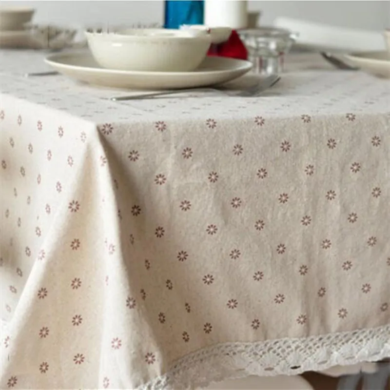 

Cotton Linen Brown Chrysanthemum Daisy Tablecloth, White Lace Tea Table for Kitchen, Wedding, Dining Room